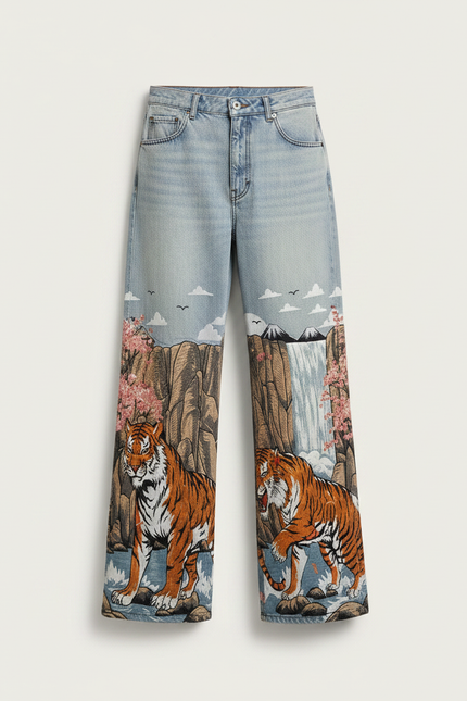 Pantalon Japonais Denim Tigre Imprimé Large Vintage - Jean - vue 3