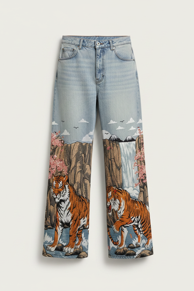 Pantalon Japonais Denim Tigre Imprimé Large Vintage - Jean - vue 3