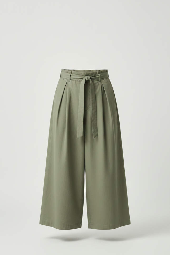 Pantalon Japonais Large Vert Kaki Plissé Ceinturé Coton - vue 3