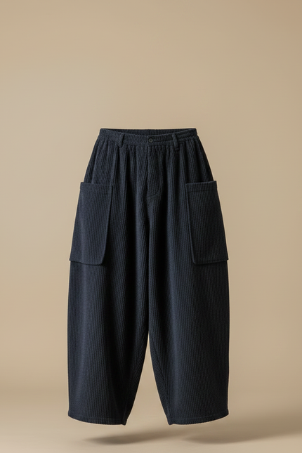 Pantalon Japonais Velours Côtelé Ample Bleu Marine Décontracté - Cordé - vue 3