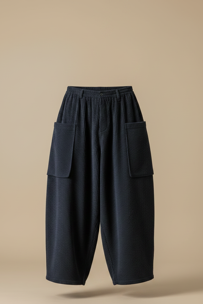 Pantalon Japonais Velours Côtelé Ample Bleu Marine Décontracté - Cordé - vue 3