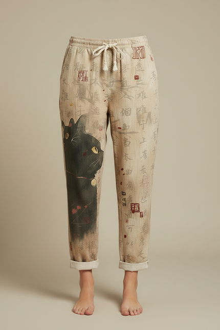Pantalon Japonais Lin Imprimé Chat Ample Beige - vue 3