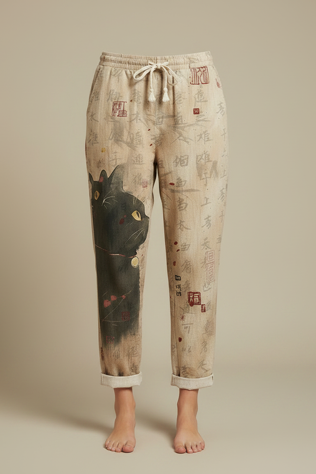 Pantalon Japonais Lin Imprimé Chat Ample Beige - vue 3