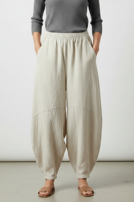 Pantalon Japonais Beige Ample Coton Lin Décontracté - vue 3