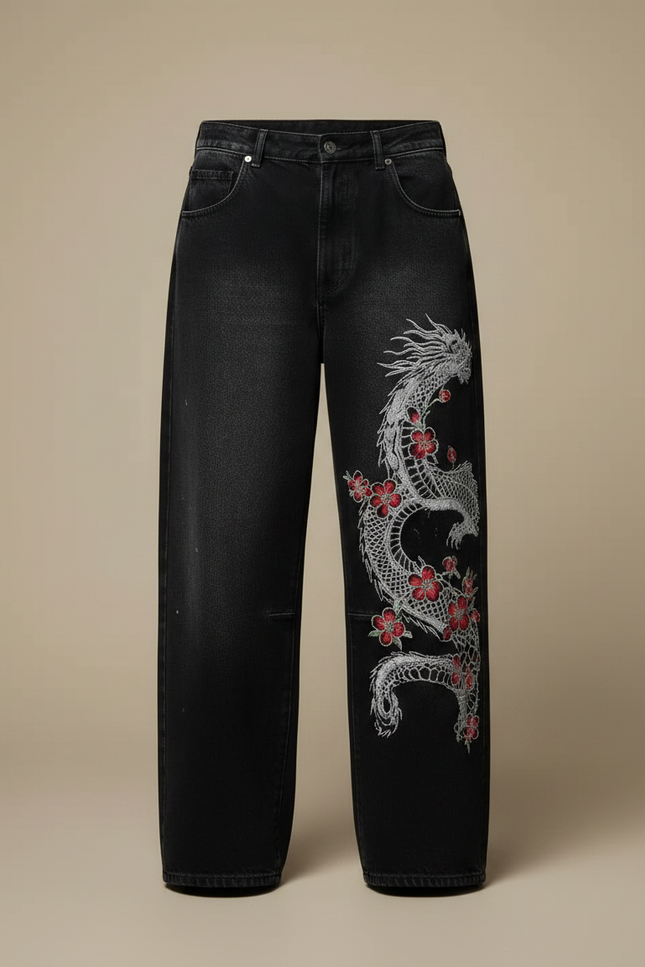 Pantalon Japonais Noir Dragon Brodé Ample Denim Homme - Jean - vue 3