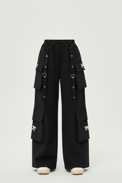 Pantalon Japonais Noir Cargo Ample Cœurs Fille - Polyester - vue 3