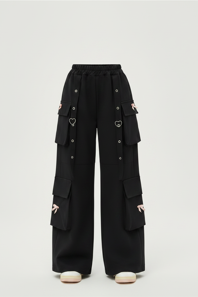 Pantalon Japonais Noir Cargo Ample Cœurs Fille - Polyester - vue 3