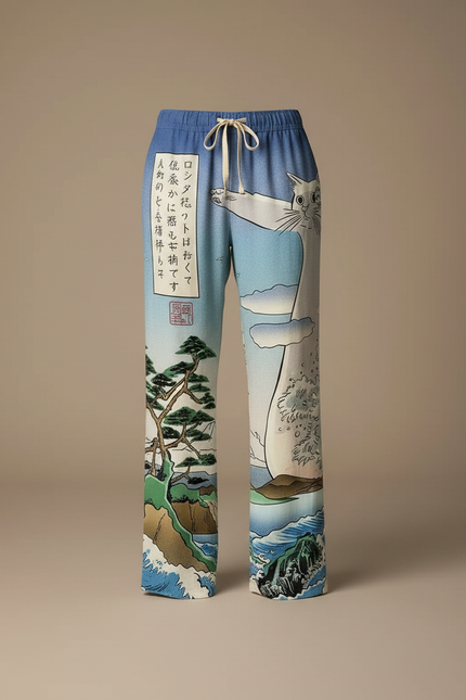 Pantalon Japonais Imprimé Chat Samurai Large Fluide Coton - Multicolore - vue 3