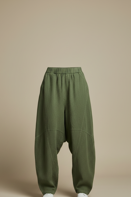 Pantalon Japonais Vert Ample Lin Confortable Décontracté - Kaki - vue 3