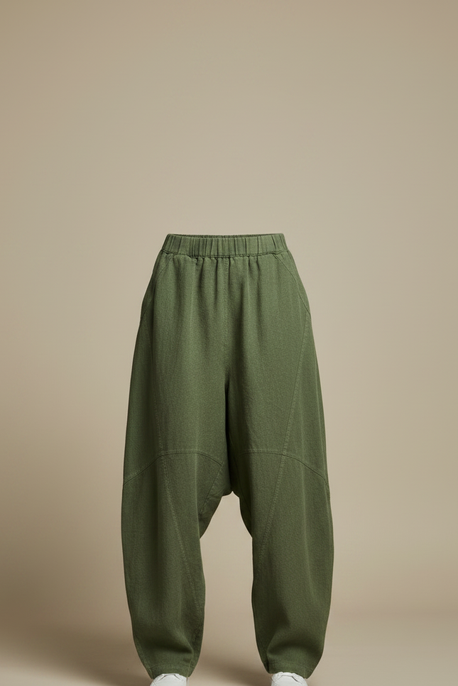 Pantalon Japonais Vert Ample Lin Confortable Décontracté - Kaki - vue 3