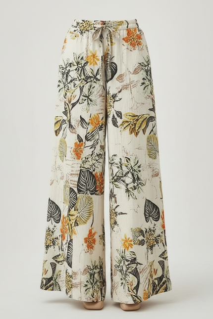 Pantalon Japonais Floral Ample Fluide Bohème Lin Écru - Beige - vue 3