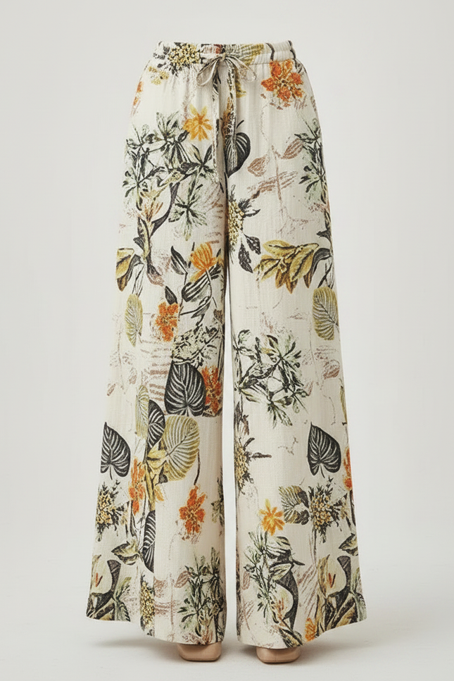 Pantalon Japonais Floral Ample Fluide Bohème Lin Écru - Beige - vue 3