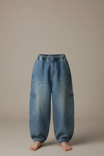 Pantalon Japonais Denim Ample Enfant Cargo Élastique - Bleu Jean - vue 3