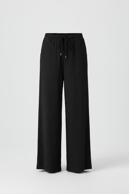 Pantalon Japonais Noir Ample Droit Plissé Décontracté - Viscose - vue 3