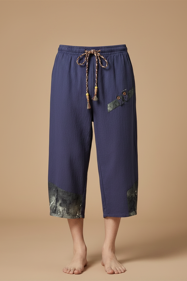 Pantalon Japonais Bleu Lin Ample Cropped Homme - Marine - vue 3