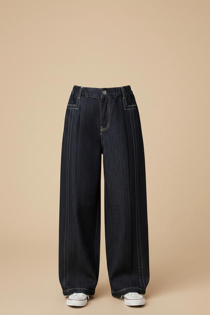 Pantalon Japonais Denim Ample Fille Couture Blanche - Marine Jean - vue 3