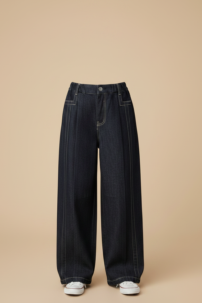 Pantalon Japonais Denim Ample Fille Couture Blanche - Marine Jean - vue 3