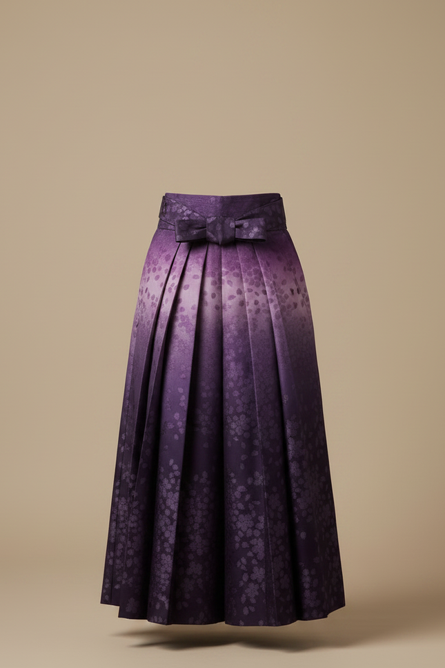 Pantalon Japonais Plissé Fleuri Ombré Élégant Ceinturé Violet - Satin - vue 3