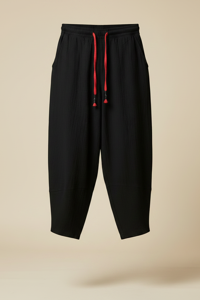 Pantalon Japonais Noir Ample Coton Décontracté Cropped - vue 3