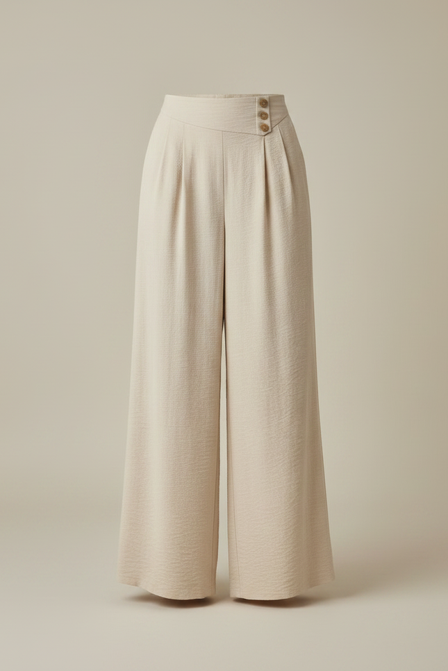 Pantalon Japonais Beige Ample Fluide Boutons Femme - Lin - vue 3