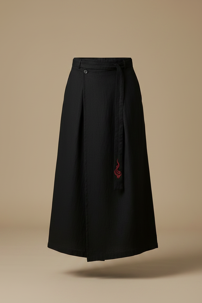 Pantalon Japonais Noir Fluide Ample Brodé Homme - Lin - vue 3