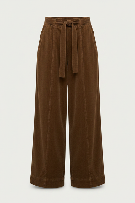 Pantalon Japonais Marron Velours Côtelé Ample Taille Haute - Cordé - vue 3