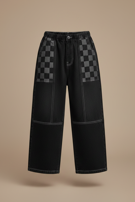Pantalon Japonais Noir Large Carreaux Garçon Décontracté - Jean - vue 3