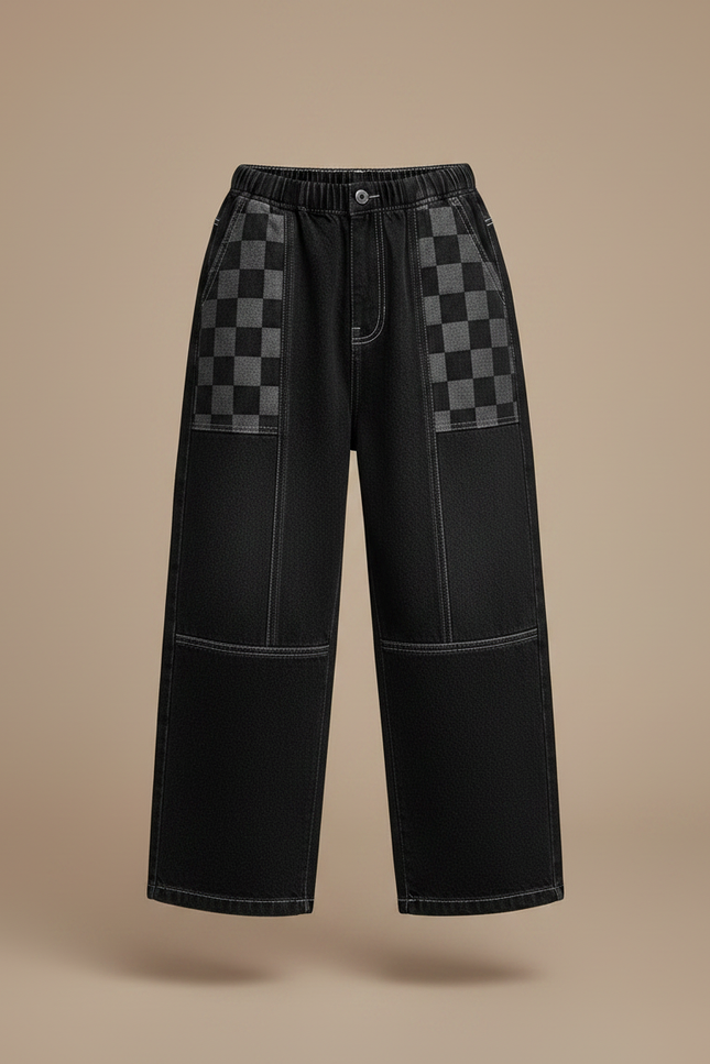 Pantalon Japonais Noir Large Carreaux Garçon Décontracté - Jean - vue 3