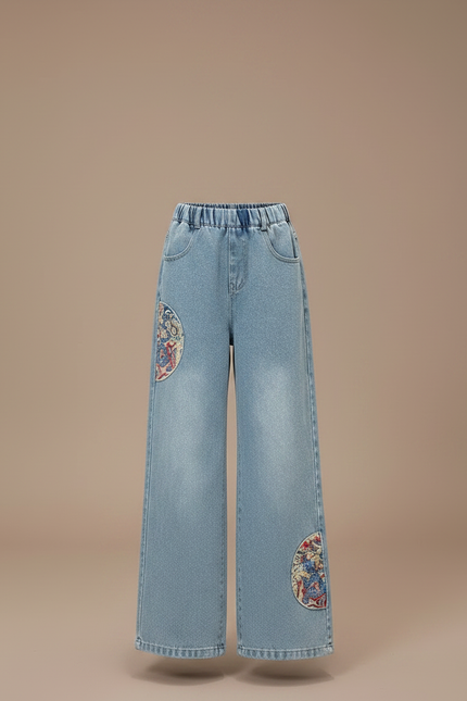 Pantalon Japonais Denim Ample Brodé Fille Décontracté - Bleu Jean - vue 3