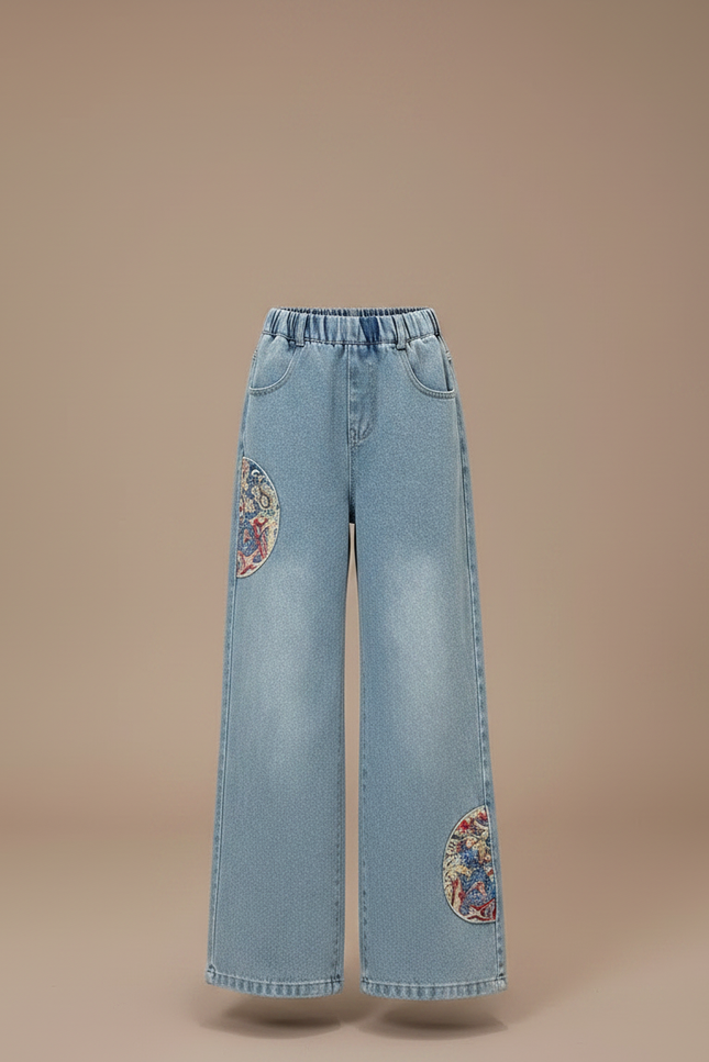 Pantalon Japonais Denim Ample Brodé Fille Décontracté - Bleu Jean - vue 3
