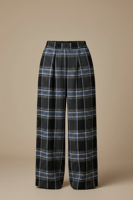 Pantalon Japonais Carreaux Larges Hiver Fluide Plissé - Multicolore Laine - vue 3