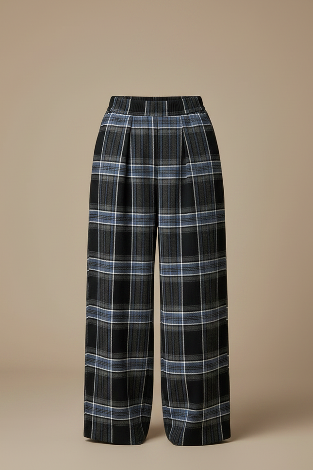 Pantalon Japonais Carreaux Larges Hiver Fluide Plissé - Multicolore Laine - vue 3
