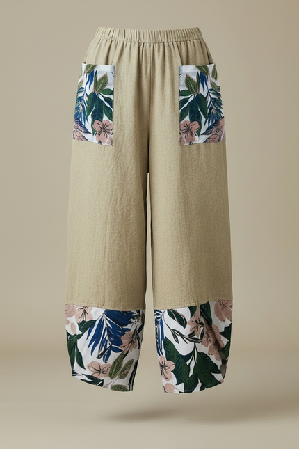 Pantalon Japonais Beige Lin Ample Fleuri Décontracté - vue 3