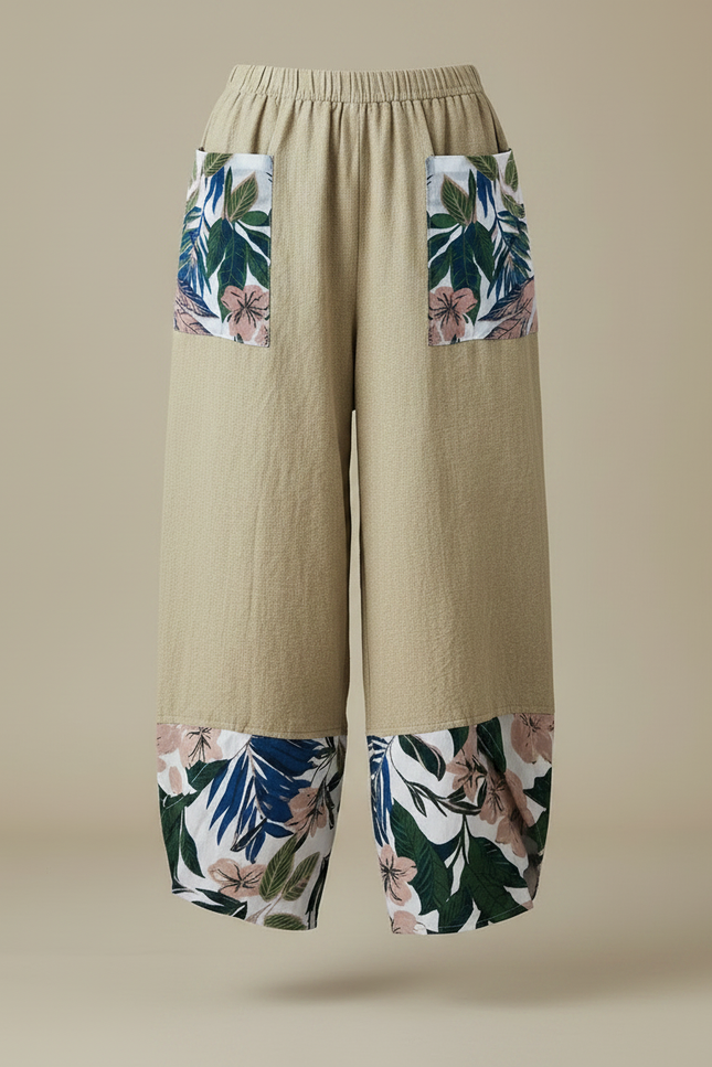 Pantalon Japonais Beige Lin Ample Fleuri Décontracté - vue 3