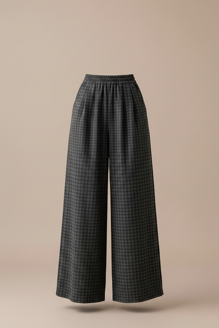 Pantalon Japonais Carreaux Ample Taille Haute Fluide - Gris Laine - vue 3