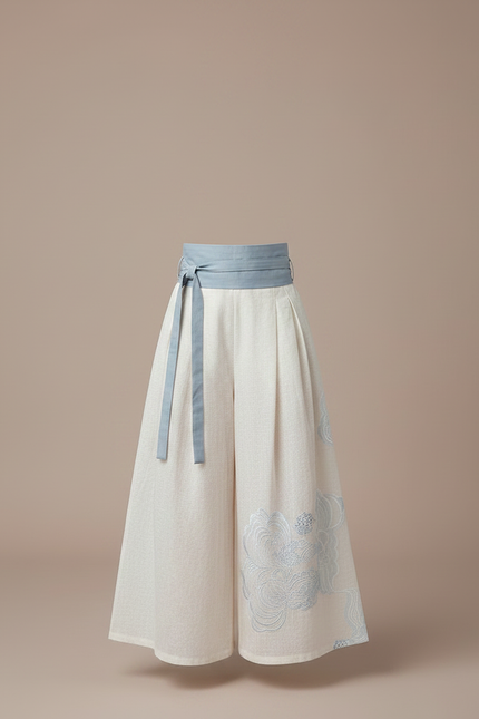Pantalon Japonais Crème Ample Brodé Ceinturé Coton Fille - Beige - vue 3