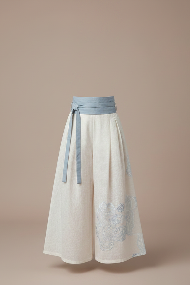 Pantalon Japonais Crème Ample Brodé Ceinturé Coton Fille - Beige - vue 3