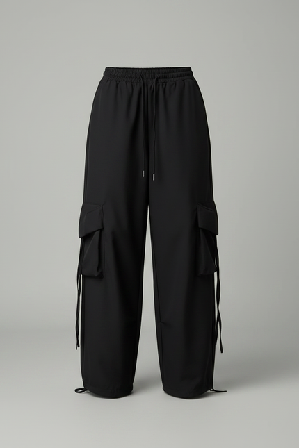 Pantalon Japonais Cargo Noir Ample Cordon Femme - Polyester - vue 3