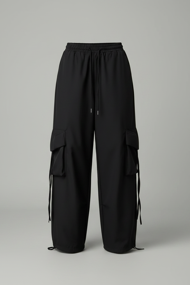 Pantalon Japonais Cargo Noir Ample Cordon Femme - Polyester - vue 3