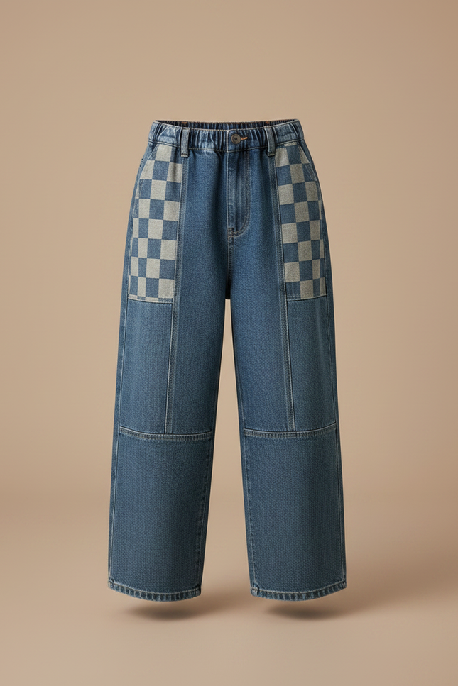 Pantalon Japonais Denim Ample Carreaux Garçon - Bleu Jean - vue 3