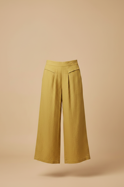 Pantalon Japonais Ample Lin Jaune Moutarde Femme Décontracté - vue 3
