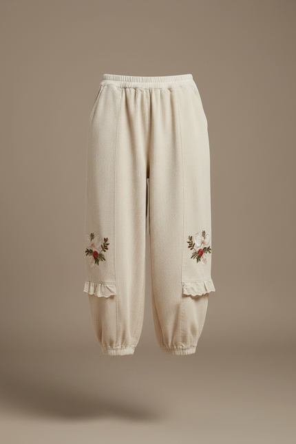 Pantalon Japonais Beige Côtelé Ample Brodé Harem - Cordé - vue 3