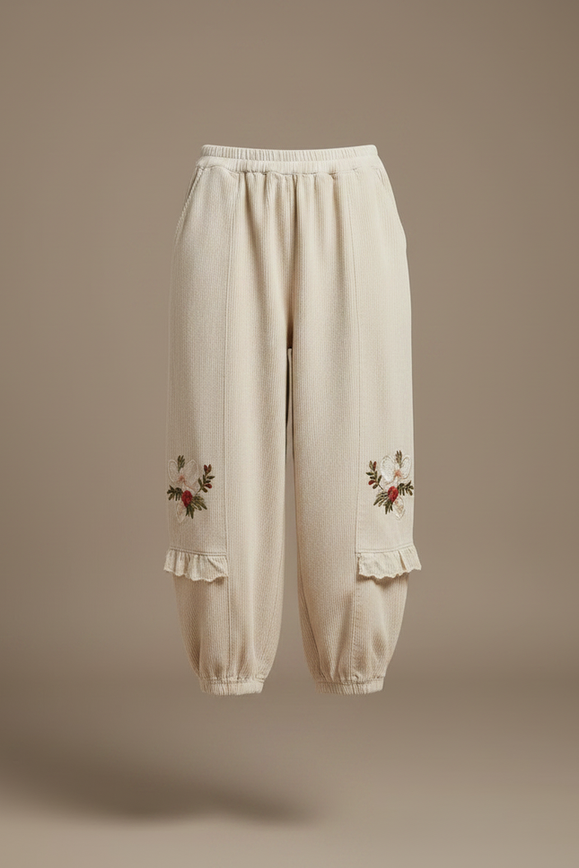 Pantalon Japonais Beige Côtelé Ample Brodé Harem - Cordé - vue 3