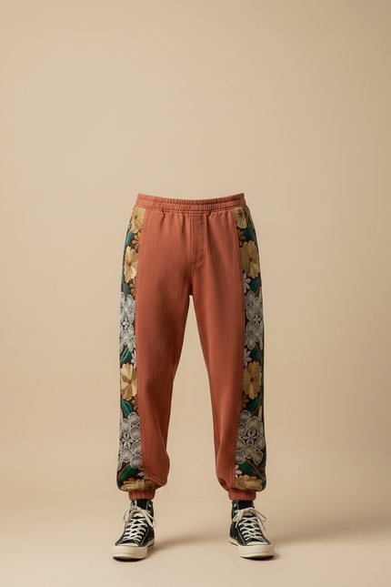 Pantalon Japonais Marron Brodé Floral Ample Coton - Molleton - vue 3