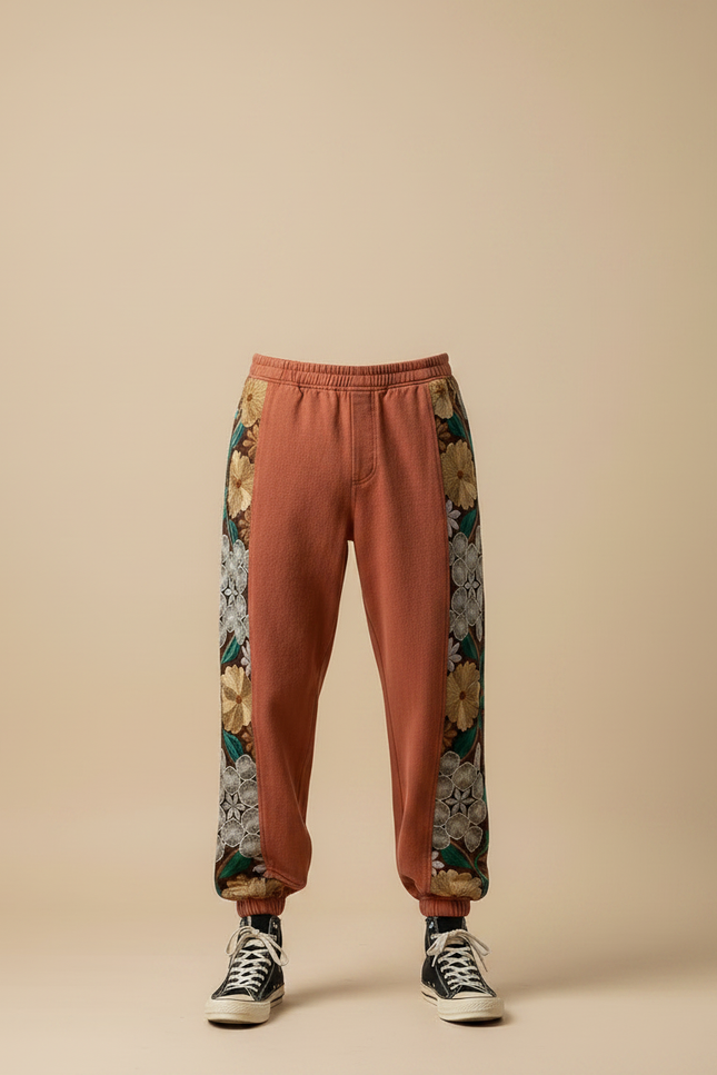 Pantalon Japonais Marron Brodé Floral Ample Coton - Molleton - vue 3