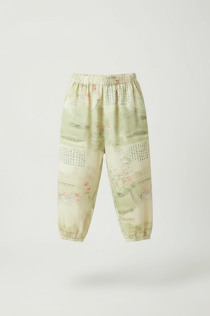 Pantalon Japonais Vert Ample Motif Paysage Floral Enfant - Viscose - vue 3