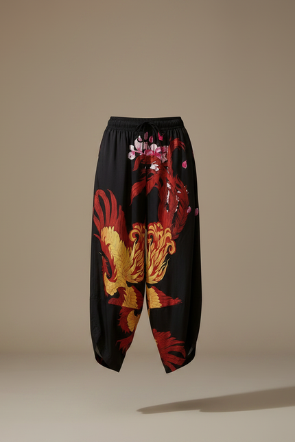 Pantalon Japonais Noir Fluide Ample Phénix Élastique - Satin - vue 3