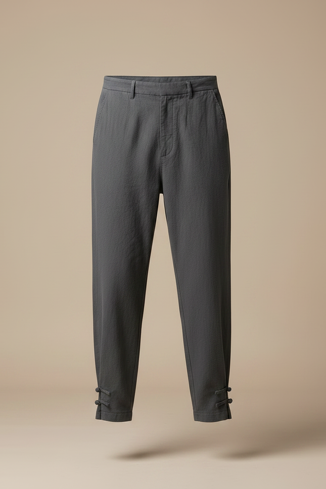 Pantalon Japonais Gris Lin Ample Décontracté Boutons - vue 3