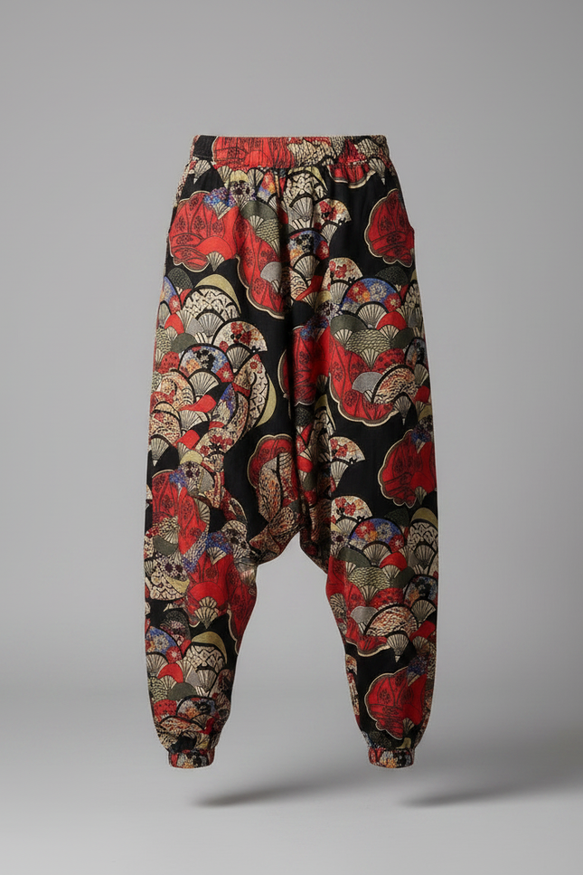 Pantalon Japonais Harem Éventails Imprimé Fluide Bohème - Multicolore Viscose - vue 3