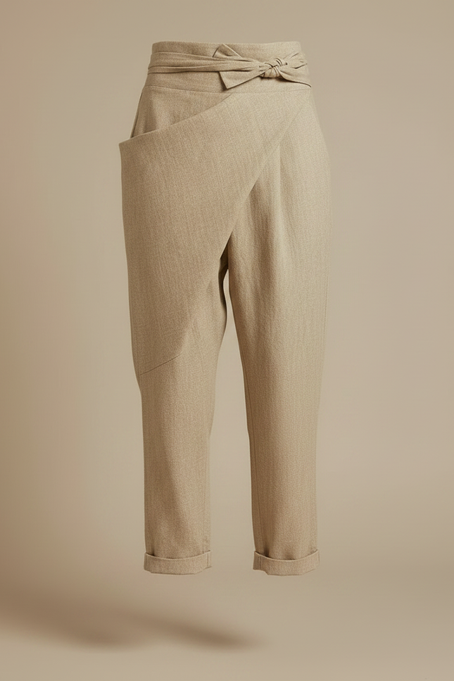 Pantalon Japonais Beige Lin Fluide Évasé Élégant - vue 3